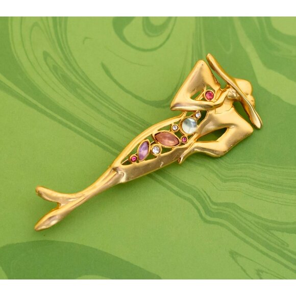 Vintage Art Deco Stylish Figure Rhinestones Gold Tone Brooch - W1 - Picture 1 of 2